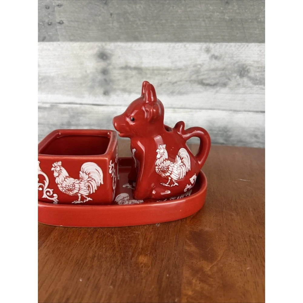 Red/White Rooster Ceramic Creamer & Sugar Set w/ Lid & Tray, Glossy